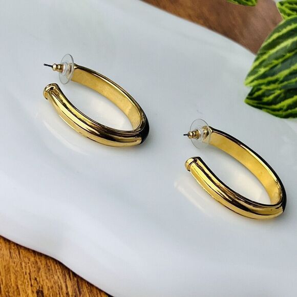 Kara Ross Black Label by Chico’s Ebony Resin Gold Tone Earrings Open Hoop NICE - Picture 6 of 10